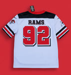 White sports jersey with red and black details, featuring the number 26 and 'RAMS' text,
