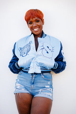 Spelman Limited Edition Womens Cropped Satin Jacket in Blue