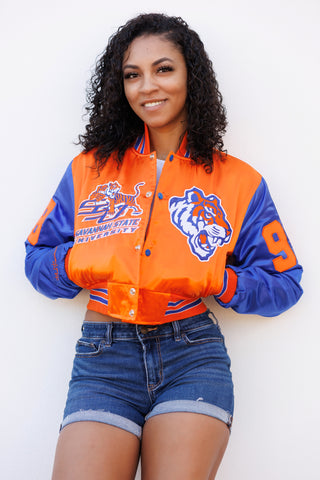 Savannah State Limited Edition Womens Cropped Satin Jacket in Orange