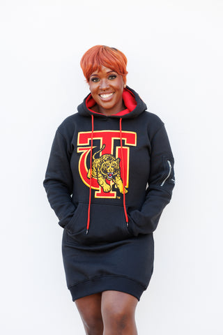 Embroidered Tuskegee Hoodie Dress in Black (Preorder)